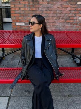 Schott Vintage Classic Black Leather Biker Jacket with Red Plaid Lining